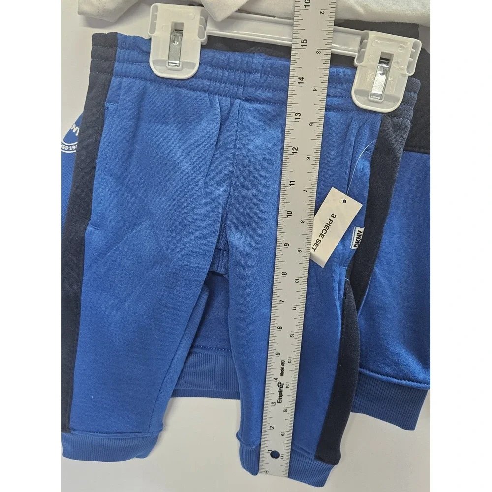 DKNY  12M, Set‎ Of 3, Blue Pull Over Hoodie/Blue Pants/ Crew Neck White T Shirt